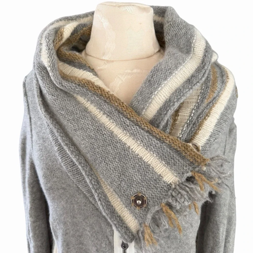 Free People Sweater Small Faux Scarf  Cowl Neck Gray Wool Zip Crop Jacket Knit